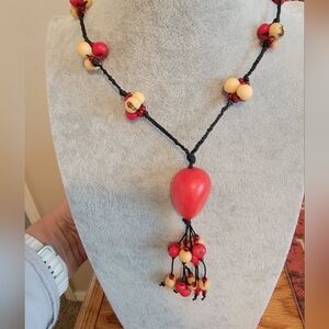 Unique Red and Beige Nut/Seeds rope Necklace
